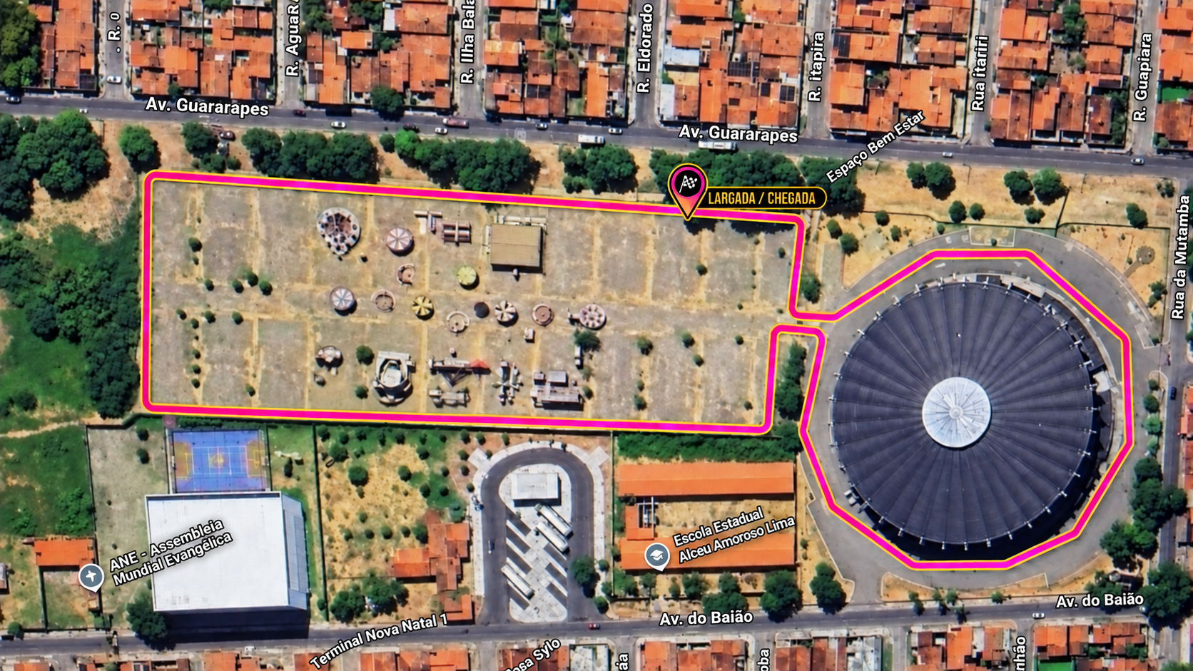 Mapa do percurso oficial do Corre da Juci no complexo do Estacionamento Nélio Dias